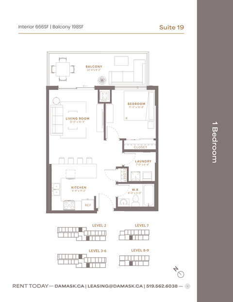 Floor plan for 1 bed, 1 bath, 666 sqft